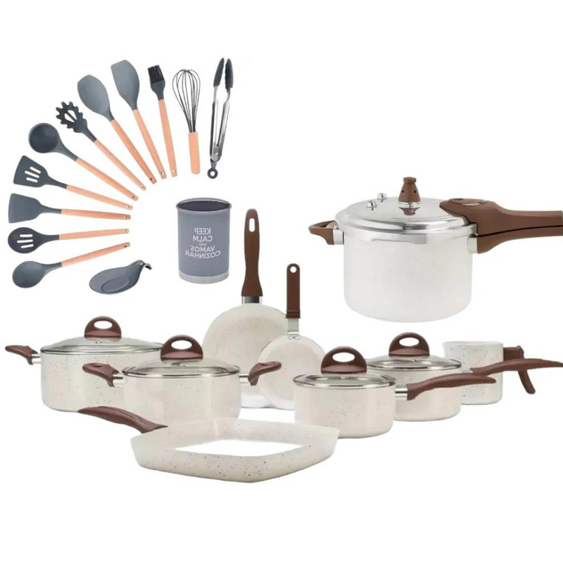 05 Panelas Ceramic Premium Vanilla + Brinde Kit Utensílios em Silicone